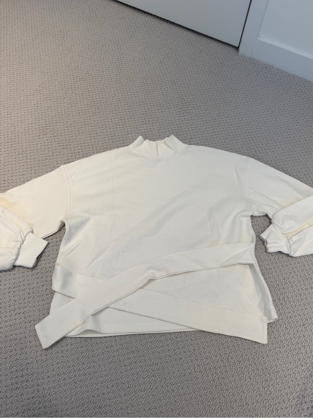 Zara Women’s White Mockneck Long Sleeve Crewneck with Front Tie